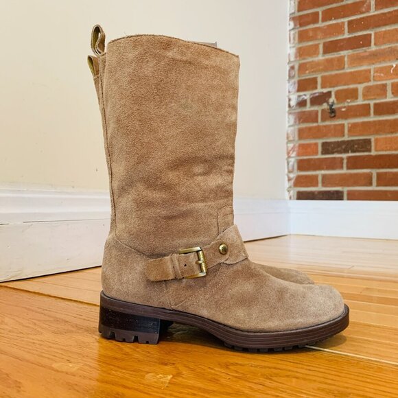 Ralph Lauren Motorcycle Boots Mid Calf Tan Suede Pull On Lug Soles - Picture 11 of 16